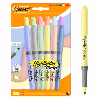 BIC Highlighter Grip Pastel - 12 Stuks - Markeerstiften Zachte Pastelkleuren - 95% Natuurlijk 48u zonder dop