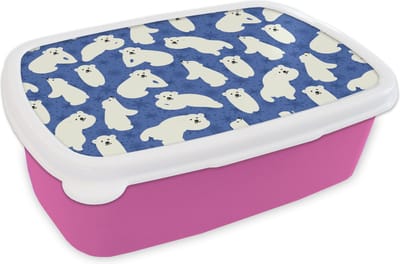 Broodtrommel Roze - Lunchbox - Brooddoos - Sneeuw - IJsbeer - Dieren - Winter - Patroon - 18x12x6 cm - Kinderen - Meisje
