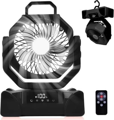 Oplaadbare Draagbare Camping Ventilator, Tentventilator Met LED Lantaarn & Afstandsbediening, 5 Snelheden, 3 Lampkleuren & 4 Timermodi, Ophanghaak Voor Camper, Slaapkamer, Kantoor, Buiten Reizen