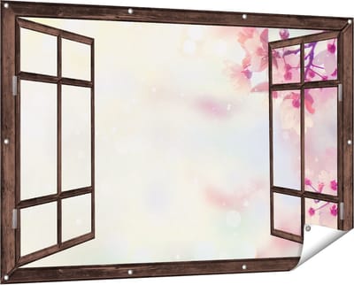 Gards Tuinposter Doorkijk Roze Bloesemboom met Zonneschijn - 150x100 cm - Tuindoek - Tuindecoratie - Wanddecoratie buiten - Tuinschilderij