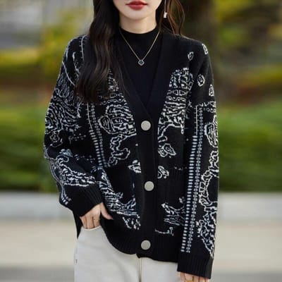 V-hals Ink Jacquard Lazy Wind Trui Dames Herfst en Winter Los Gebreid Vest Design Jas XL