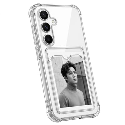 Transparant telefoon hoesje met kaarthouder geschikt voor Samsung S25 – doorzichtig TPU backcover case dames en heren – schokbestendig ontwerp met foto vak en verstevigde hoeken