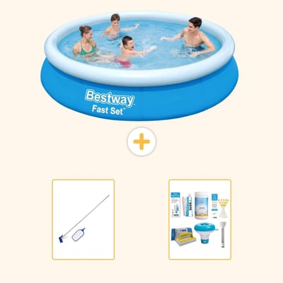 Bestway Rond Opblaasbaar Fast Set Zwembad - 366 x 76 cm - Blauw - Inclusief Schoonmaakset - Onderhoudspakket - 3-delig