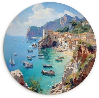 WallCircle® Wandcirkel 120x120 cm - Muurcirkel Kustdorp - Schilderij - Rotsen - Boten - Muurdecoratie woonkamer - Wanddecoratie slaapkamer - Kamer decoratie accessoires - Ronde schilderijen XXL