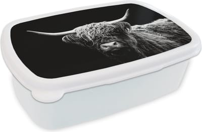 Broodtrommel Wit - Lunchbox - Brooddoos - Schotse Hooglander - Koe - Zwart - Wit - Dieren - 18x12x6 cm - Volwassenen