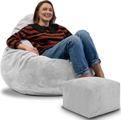 DreamRoots Zitzak voor Volwassenen of Kinderen – Corduroy Beanbag met Voetsteun en Afneembare Hoes – Inclusief Vulling – 90x90x100 cm – Cool Gray