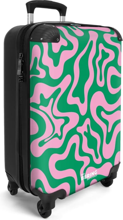 NoBoringSuitcases.com® - Handbagage koffer lichtgewicht - Reiskoffer trolley - Groen met roze abstract patroon - Rolkoffer op wieltjes - Reizen - Valies carryon reistrolley bagagekoffer - Past binnen 55x40x20 en 55x35x25