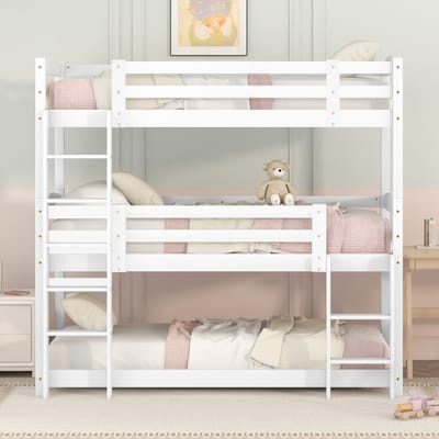 Wishdor Drievoudig Stapelbed 90x200 cm - 3 Slaapplaatsen & 2 Ladders - Grenenhout/MDF Wit - Drievoudig Stapelbed in Wit