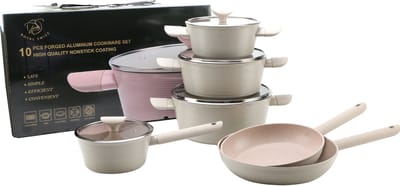 Royal Swiss® 10-delige Forged Aluminium Pannenset – Crème – Luxe Marmeren Antiaanbaklaag – Geschikt voor Inductie, Gas, Keramisch & Elektrisch – Inclusief Glazen Deksel