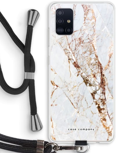 Case Company® - Hoesje met koord geschikt voor Samsung Galaxy A51 4G hoesje met Koord - Goud marmer - Telefoonhoesje met Zwart Koord - Bescherming aan alle Kanten en Over de Schermrand
