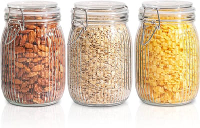 Set van 3 Luchtdichte Glazen Potten 1000ml voor Opslag, Ideaal voor Granen, Koekjes en Keukenorganisatie