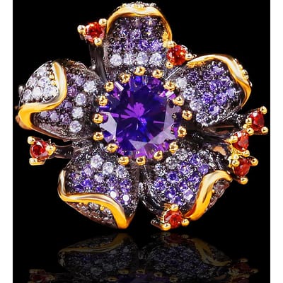 Nouvelles Bagues Européennes et Américaines Personnalisées en Forme de Fleur Bagues Tournesol Zircon à la Mode Bagues en Or Noir No. 10 blue