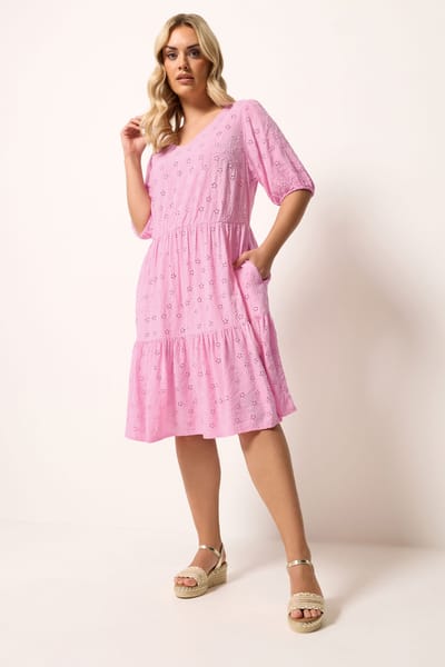Yours Roze Gelaagde Jurk Met Broderie Anglaise Size 50-52