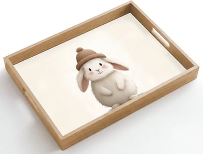Dienblad hout 50x35 cm - Schootdienblad - Konijn - Muts - Oren - Beige - Borrelplank rechthoek - Plateau dienbladen