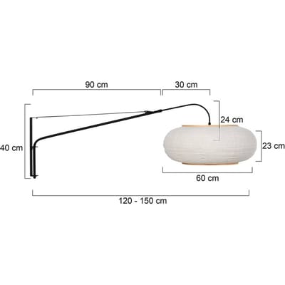 Wandlamp Silva Alba 4626ZW zwart met linnen kap Ø60 cm, uitschuifbaar en draaibaar armatuur, Steinhauer, Scandinavisch design