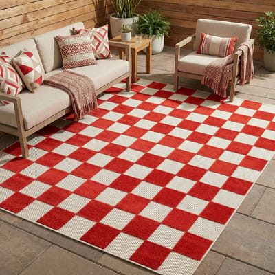 Tapiso Checker Buitenkleed Weerbestendig Buitentapijt Balkon Tuin Terras - Wasbaar UV-bestendig Slijtvast Balkontapijt Indoor Outdoor Tapijt Crème Rood 80x150