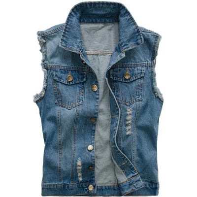 Heren Gilet Jas Gescheurd Mouwloos Plus Size Enkelrijig Zakken Effen Kleur Revers Hip Hop Streetwear Zacht Vest Denim Taille L blauw