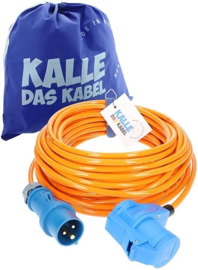 KALLE DAS KABEL CEE Verlengkabel 230V 16A – H07BQ-F 3G Polyurethaan Blue SIGNAL – Met CEE Stekker & Winkelkupplung + Achterzijde Schuko – IP44 Industriekabel voor Bouw, Camping & Womo – 2.5 mm² 5 Meter