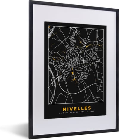 Fotolijst incl. Poster - Goud - Stadskaart - Plattegrond - Nivelles - Kaart - 30x40 cm - Posterlijst