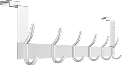 Dailygoods- Deurophanghaak 6 Haken - Geschikt voor Deuren met Opstand - Zilver Aluminium - Maximale Draagcapaciteit 20kg - Schokbestendig - Eenvoudig te Reinigen - Deurkledinghaak