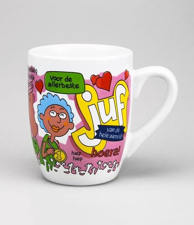 Einde schooljaar - Mok - Voor de aller-allerbeste Juf van de hele wereld - In cadeauverpakking met gekleurd lint