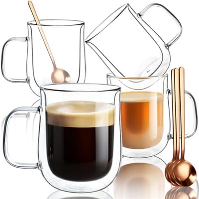 Dubbelwandige Glazen Koffiekopjes Set van 4 - 350 ml Geïsoleerde Mokken voor Warme Dranken