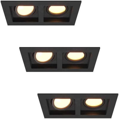 HOFTRONIC - Set van 3 Fresno Dubbele Inbouwspots - Rechthoek - 2x GU10 - 2700K Warm wit - 10 Watt 800 lumen - Kantelbaar - IP20 stofdicht - Zwart
