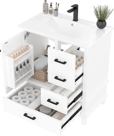 Merax Badkamermeubel 76 cm met Keramische Wastafel – Vrijstaand Wastafelmeubel – 3 Geluidsarme Lades en Deuren met Vakken – Vochtbestendig Gelakt – Wit