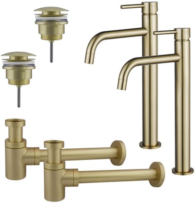 FugaFlow Eccelente Sobrado Badkamer Slim Wastafelkraanset - voor dubbele wastafel - verhoogde wastafelkraan - klikwaste plug - verlaagde design sifon - PVD Geborsteld Messing