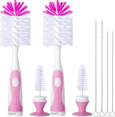 Babyfles borstelset - Flessenreiniger - Hygiënisch reinigen - Met tepelreiniger - 2 stuks - Roze