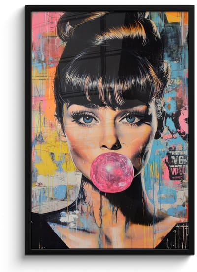Poster in lijst - Fotolijst 60x90 cm - Posters - Kauwgom - Vrouw - Penseelstreken - Modern - Posterlijst zwart - Decoratie - Wanddecoratie woonkamer - Muurdecoratie slaapkamer