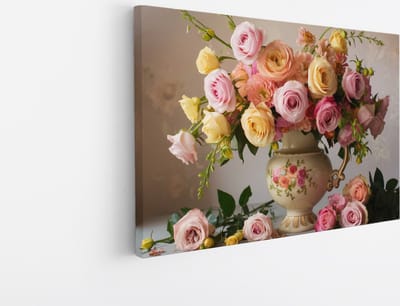 Saammp Canvas Schilderij - Roze Bloemen in mooie vaas - Abstract - 30x20 - Foto op canvas - Wanddecoratie - Muurdecoratie Woonkamer - Kantoor Decoratie