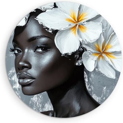 Saammp - Muurcirkel Hout - Afrikaanse Vrouw met Witte Lotusbloemen - Abstract - Ø 90 - Wandcirkel - Wanddecoratie Cirkel - Muurdecoratie Woonkamer - Slaapkamer decoratie - Rond Schilderij