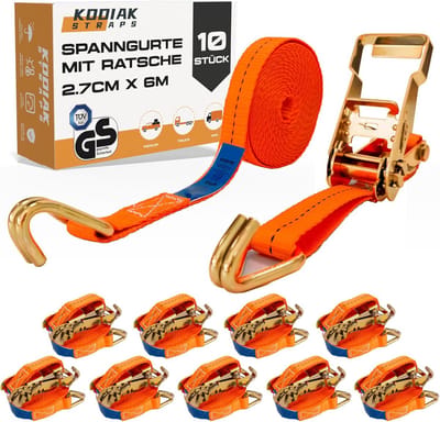 10x Ratelbanden 6m x 1500kg Spanbanden met Ratel - Sterke Zekeringsbanden Oranje TÜV/GS