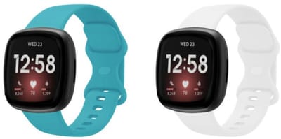 Strap-it Bundel – 2x Siliconen Horlogebandjes geschikt voor Fitbit Versa 3/4 & Sense/Sense 2 (Aqua & Wit, Maat L)