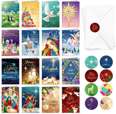 Dailygoods- Kerstkaarten 16 Stuks - Kerstkaarten Borduren - Kerstkaarten Diamond Painting - Santa en Feliz Navidad - Religieuze Kaarten - Met Enveloppen - Feestkaarten