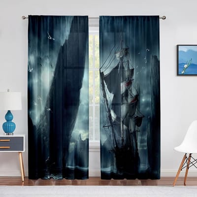 Piratenschip Nautische Fantasie Oceaan Sterrenhemel Tule Gordijnen voor Woonkamer Slaapkamer Keuken Raam Chiffon Transparante Gordijnen Jaloezieën 1 PCS W100XH250cm&Grommet Top