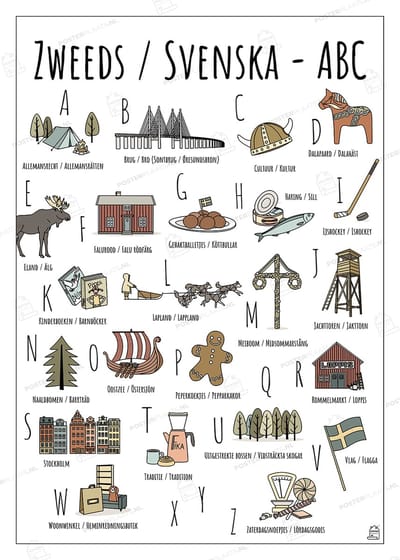 ABC Poster Zweden / Sverige - 50 x 70 cm - Educatieve Letterposter met Handgetekende Illustraties - Kinderkamer & Wanddecoratie - Woondecoratie - Relatiegeschenk