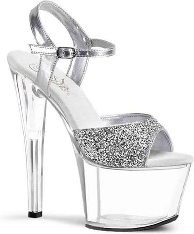 Pleaser - SKY-310 Sandaal met enkelband, Paaldans schoenen - Paaldans schoenen - 35 Shoes - Zilverkleurig/Transparant