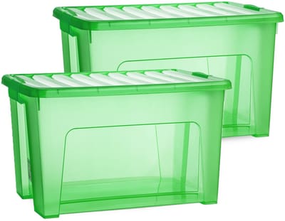 Plasticforte Opslagbox - 2x - met deksel - transparant groen - 47 liter - 54 x 38 x 32 cm - kunststof - opbergdoos - opbergen