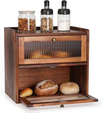 Houten Brooddoos voor Keuken - Dubbele Laag Broodopslag, Vintage Ontwerp, Houdt Brood Vers en Opgeruimd 36.5x24x34cm (Bruin, L)
