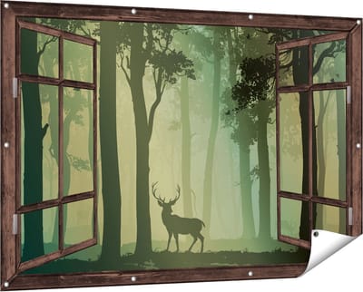 Gards Tuinposter Doorkijk Hert in het Bos - Silhouet - 150x100 cm - Tuindoek - Tuindecoratie - Wanddecoratie buiten - Tuinschilderij