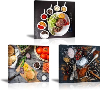 Famanu – Moderne canvasdruk set van 3 – steak/hamburgers & specerijen – keuken/restaurant wanddecoratie – op spieraam