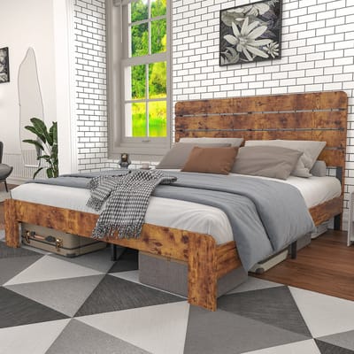 Tweepersoonsbed - 140 x 200 cm - Antiek Design met Hoog Hoofdbord - Stevig Frame - Hout en Metaal