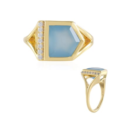 Cavill - Zilveren ring 925 Sterling Zilver verguld - Blauwe Onyx 3,38 ct & Zirkonia 0,15 ct - Modern elegant zeshoekig design