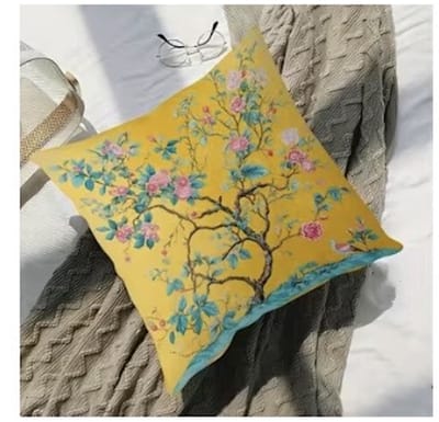Gele Sierkussenhoes 45x45 cm met Bloesem Tak – Botanische Kussenhoes met Bloemen – Decoratieve Kussenhoes voor Bank of Slaapkamer – Exclusief Binnenkussen