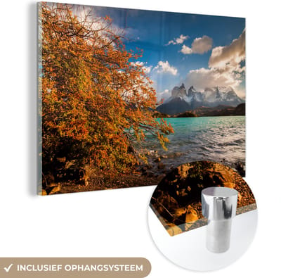 ® Glasschilderij 180x120 cm - Schilderij acrylglas - Pehoe meer - Chili - Herfst - Foto op glas - Muurdecoratie woonkamer - Wanddecoratie slaapkamer - Schilderijen