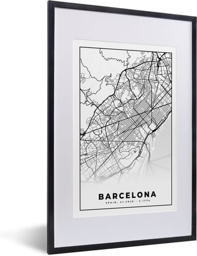 Fotolijst incl. Poster Zwart Wit- Barcelona - Stadskaart - Plattegrond - Zwart Wit - Kaart - 40x60 cm - Posterlijst