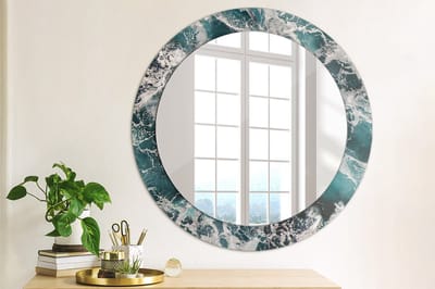 Wallfluent Bedrukte Ronde Spiegel - Ronde Spiegel Met Decoratie Stormachtige Zee - 70 cm / 56 cm - Blauw - Blauw Ronde Spiegel Lijst Met Print - Slaapkamerspiegel - Badkamerspiegel - Gang - Kleedkamer - Ophangsysteem