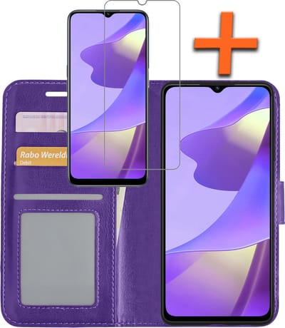 Hoes - Met Screenprotector - Geschikt voor OPPO A16s - Luxe Pasjeshouder - Bookcase Portemonee - Flip Case - Kunstleer Book Case - Flipcase - Book Cover - Walletcase - PortemonneeHoes - Paars